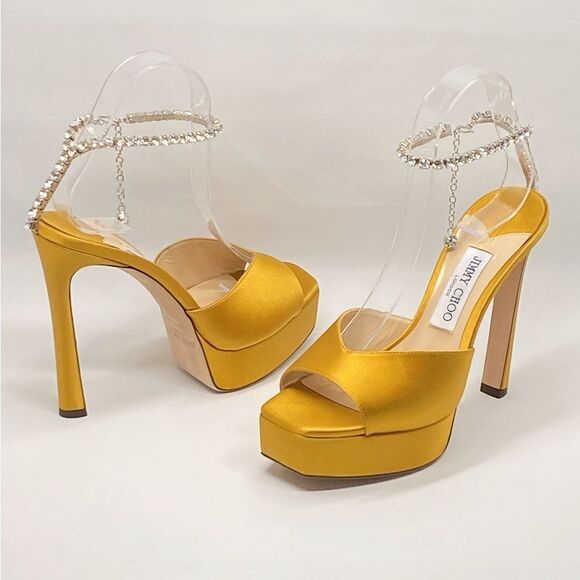 Jimmy Choo Saeda Satin Crystal Ankle-Strap Platform Sandals size 38.5 - Picture 1 of 14